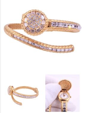 Vintage Bracelet Rhinestone Watch Japanese Movement 18kt Gold Plated